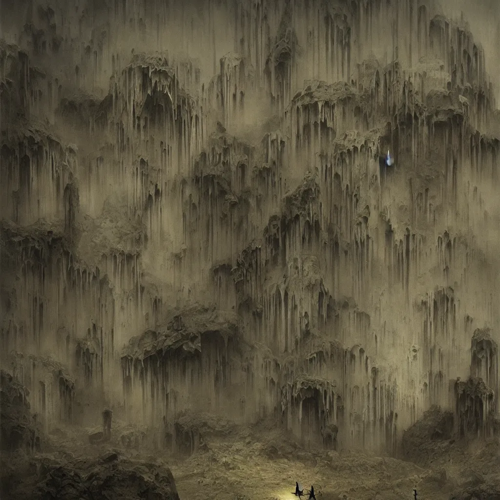 Prompt: a cinematic matte painting of an ancient slumbering evil by Zdislaw Beksinski