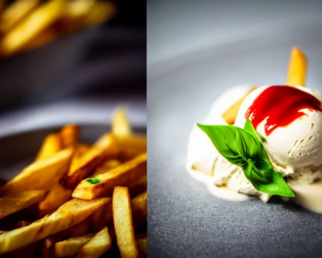 Image similar to dslr food photograph of vanilla ice cream with ketchup on, a leaf of basil on the ice cream, french fries on the side, bokeh, 8 5 mm f 1. 4