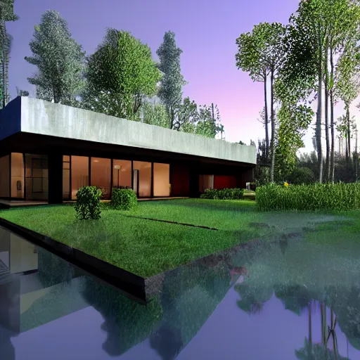 Image similar to contemporary house in the forest, lights inside, foliage, square pool, textures, detailed, big tree realistic