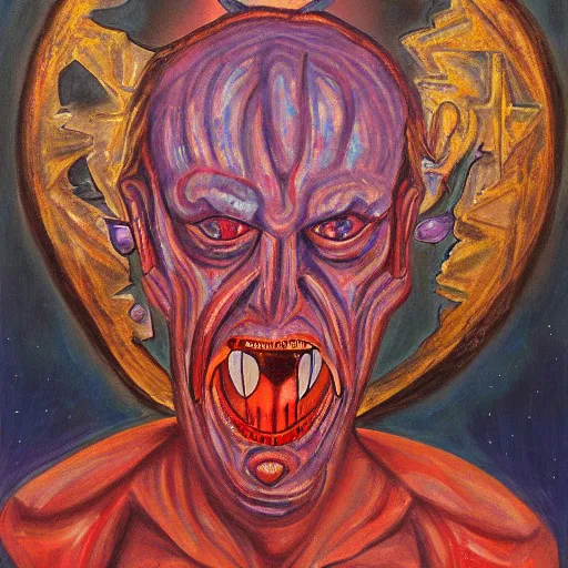 Image similar to portre of an autistic demon on acid, masonic and kabalistic symbols in background, oil painting