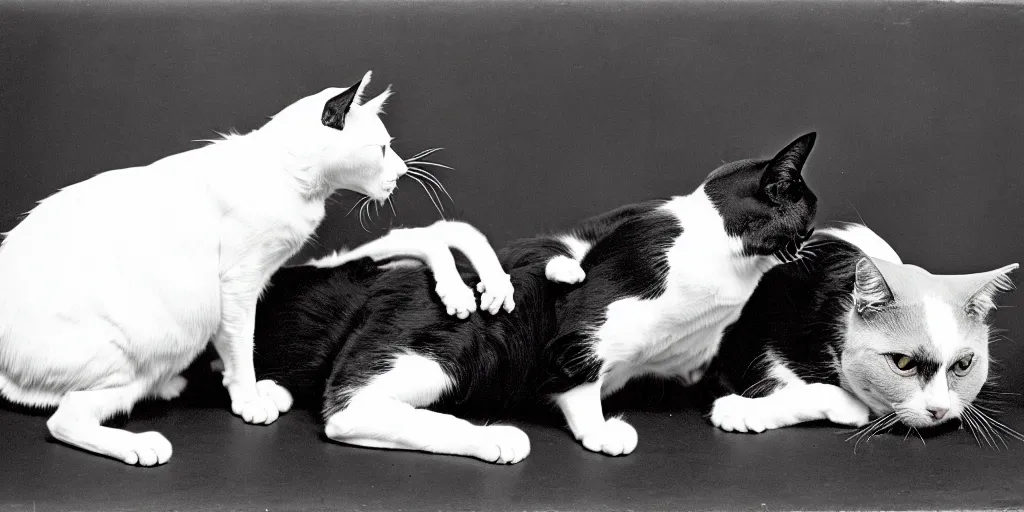 Image similar to very old black and white film photography of a silly animated cat giving a grumpy dog a back rub, real, year 1888, archive