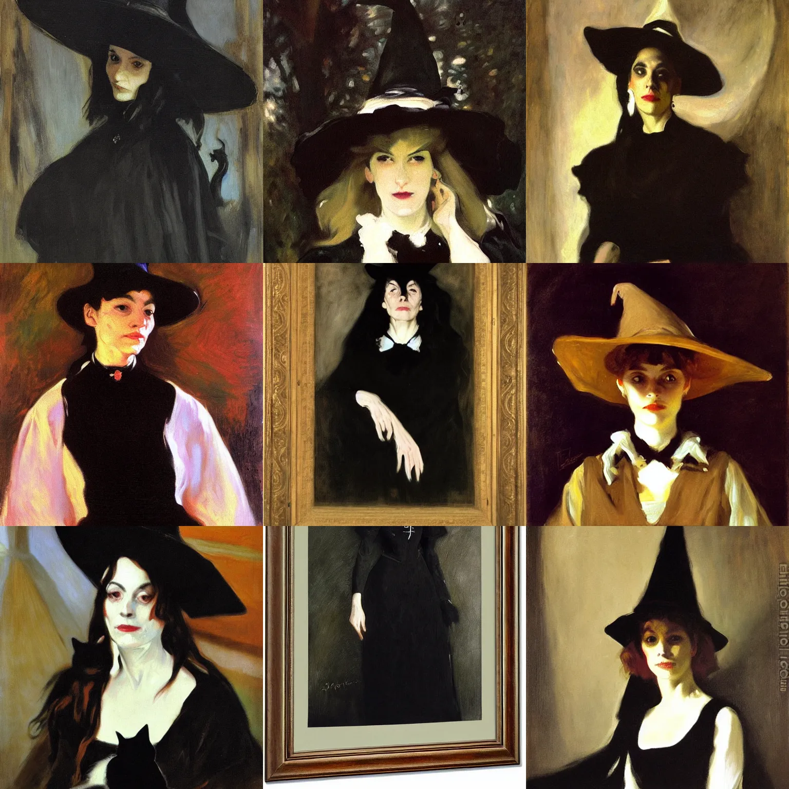 Prompt: portrait, witch, black cat, john singer sargent, oil on canvas