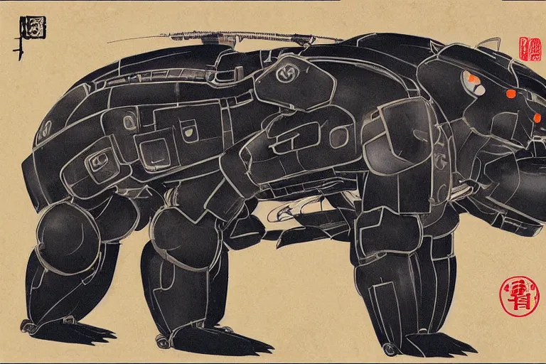 Prompt: Butouha painting of a robotic asian black bear, half robot half bear, mecha bear, biconical bear, super detailed, in the style of Tenmyouya Hisashi Japanese Spirit No.14