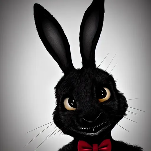 Image similar to A extremely highly detailed majestic hi-res beautiful, highly detailed head and shoulders portrait of a scary terrifying, horrifying, creepy black cartoon rabbit with a bowtie and scary big eyes, earing a shirt laughing, hey buddy, let's be friends, in the style of Walt Disney