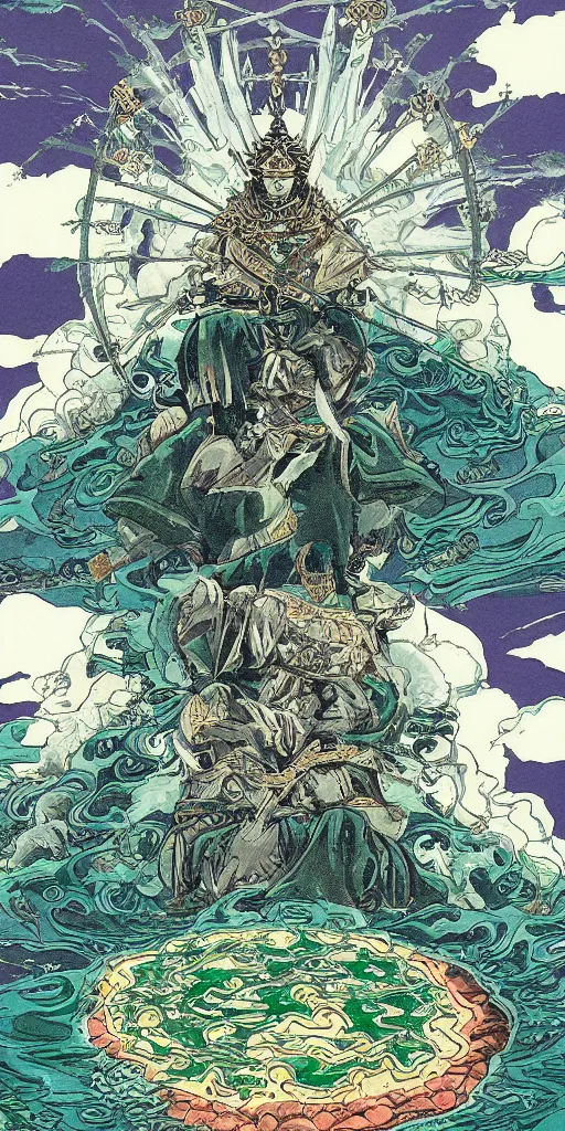 Image similar to a lone emperor sitting on a emerald throne floating on water in the middle of a lake drawn by Makoto Yukimura in the style of Vinland saga anime, full color, detailed, psychedelic, Authority, structure, a father figure, tarot card, The emperor tarot card