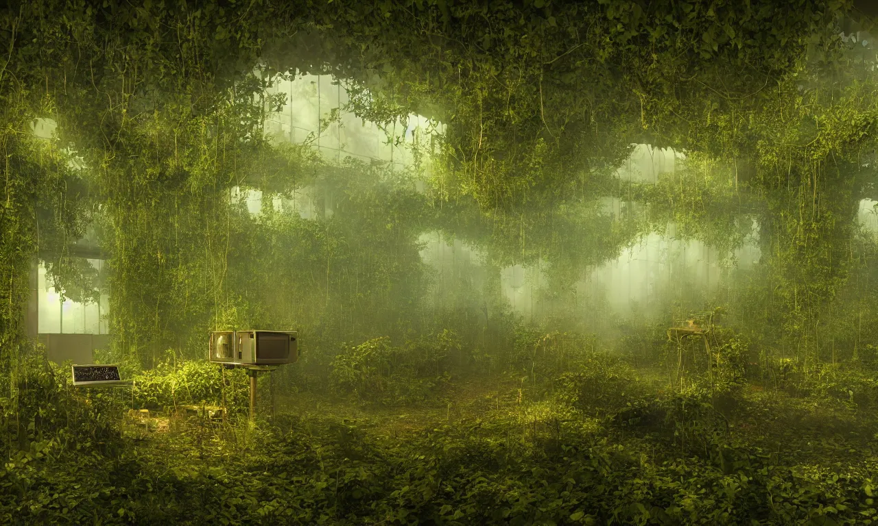 Prompt: A old abandoned control room overgrown with vines, ivy, moss, and vegetation with computers still functioning with lit screens and lights with a large viewing window into the fog, abandoned, realistic volumetric lighting, golden hour, realistic reflections, 4k wallpaper