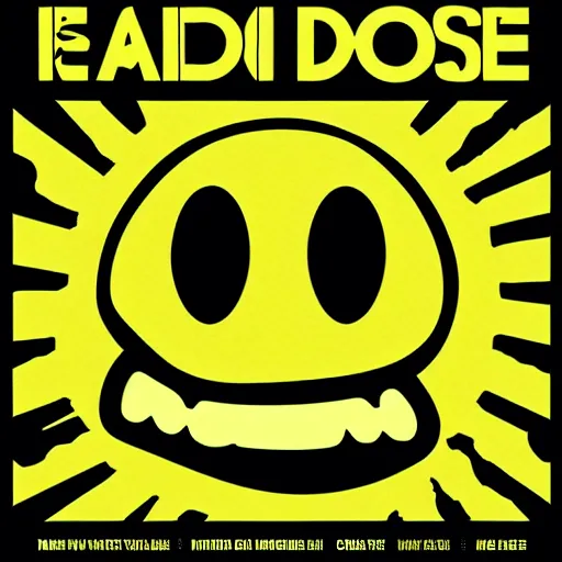 Prompt: acid house rave flyer, poster, smiley face, florescent yellow and black