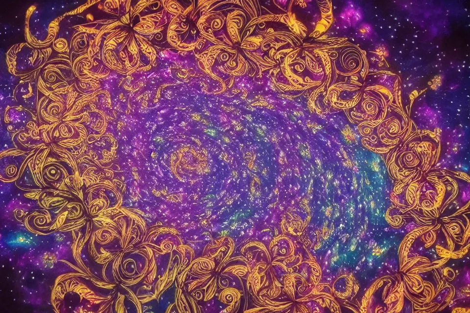 Prompt: infinite spiraling exploding suns blooming intricate flowers across the dark cosmos, beautifully painted, intricately detailed, volumetric lighting