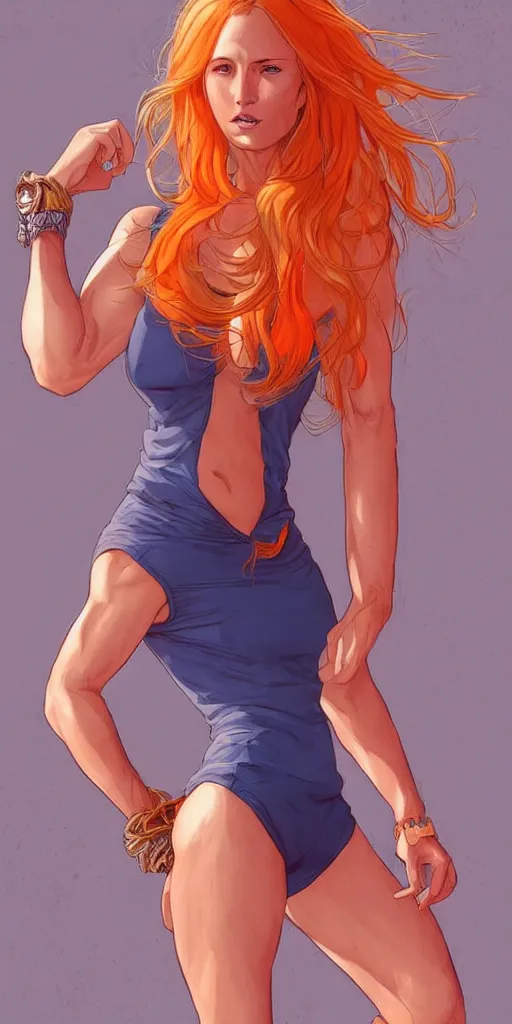 Image similar to a gorgeous hulking beast of a woman with very long hip-length blonde hair, wearing a cut-off white top and orange cut-off shorts standing by the water, in the style of artgerm and moebius and annie liebovitz, marvel comics, photorealistic, highly detailed, trending on artstation