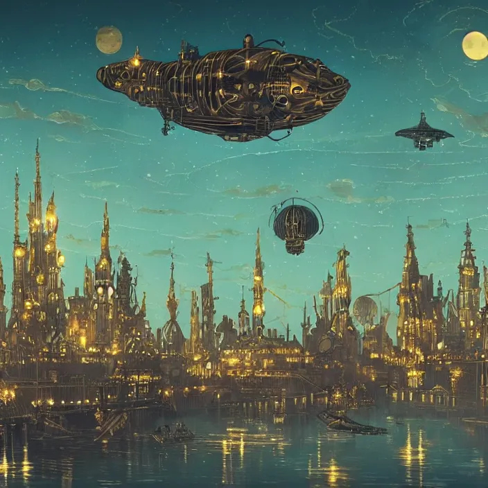 Prompt: a floating city in a night sky, with a steampunk aesthetic and dirigibles floating in the air, cityscape, golden spires, art nouveau architecture, powered by arcane magic, huge bridge