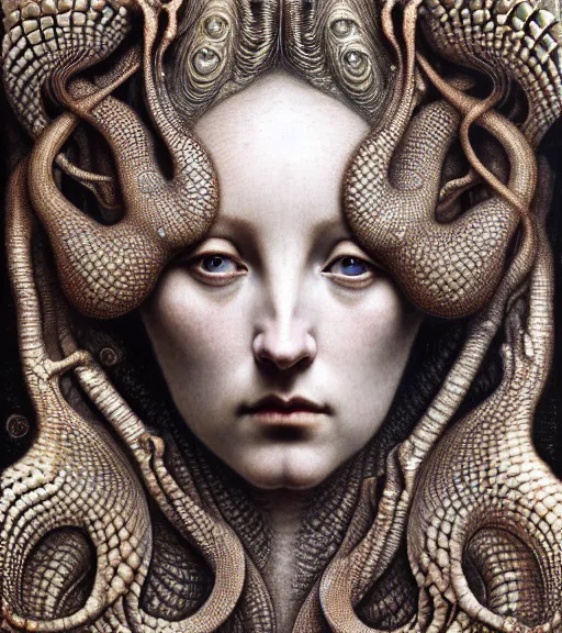 Image similar to detailed realistic beautiful reptile goddess face portrait by jean delville, gustave dore, iris van herpen and marco mazzoni, art forms of nature by ernst haeckel, art nouveau, symbolist, visionary, gothic, neo - gothic, pre - raphaelite, fractal lace, intricate alien botanicals, ai biodiversity, surreality, hyperdetailed ultrasharp octane render