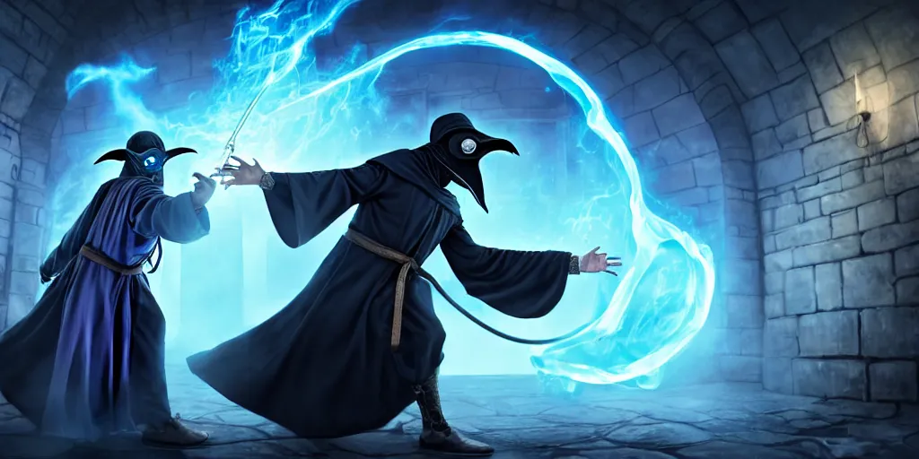 Image similar to action packed scene of a plague doctor in a blue wizard robe who is casting a spell that is coming from his hands he is in an alchemist lab, action pose, medium shot, waist up, digital art, photoreal, 4 k, unreal engine 5, anime, d & d design, gta cover art, comic book art