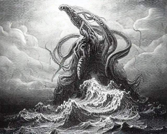 Prompt: “An engraving of Cthulhu rising from beneath a storm-tossed sea by Gustave Dore”