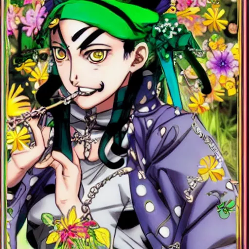 Image similar to a jojo's bizarre adventure manga artstyle colorful sketch : Jolyne Cujoh, smiling with her mouth shut, not looking at the camera, with a saint aureola, black and white, wearing a veil, shamrocks and lilies in the background by by hirohiko araki shonen jump, crisp details, realistic, featured on Artscape