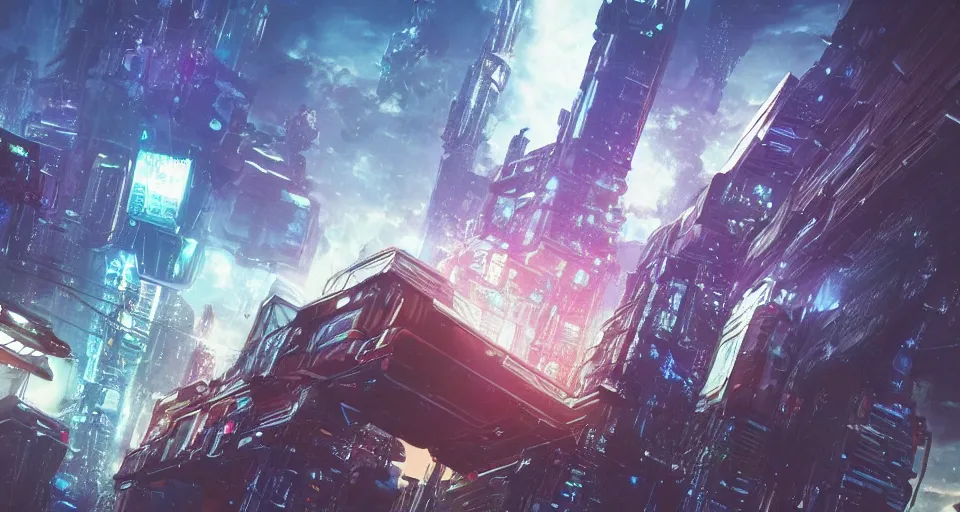 Prompt: a 35mm photo of an space ships flying by on a dense cyberpunk!! city with wide! interconnected structures!! nature!! and tall towers!! reaching the clouds, concept art, matte painting, colorful accents, contrasting color scheme,