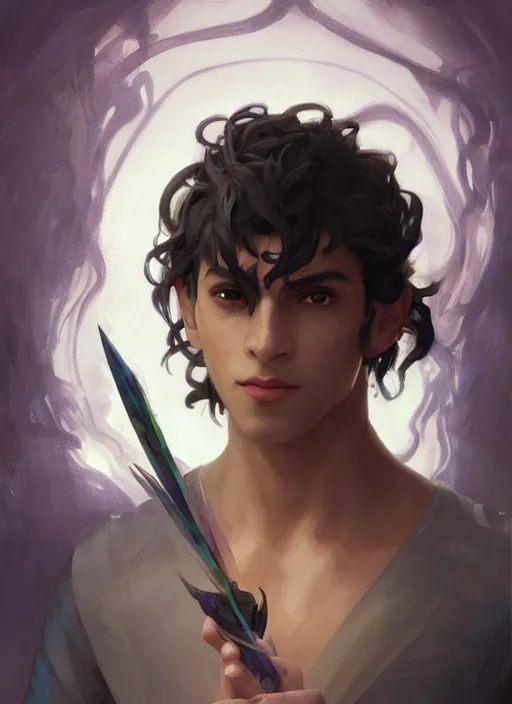 Image similar to character concept portrait of a handsome young adventurous Latino wizard with olive skin casting a love spell, a floating iridescent spell book in the center, intricate, elegant, digital painting, concept art, smooth, sharp focus, illustration, from Metal Gear, by Ruan Jia and Mandy Jurgens and William-Adolphe Bouguereau, Artgerm