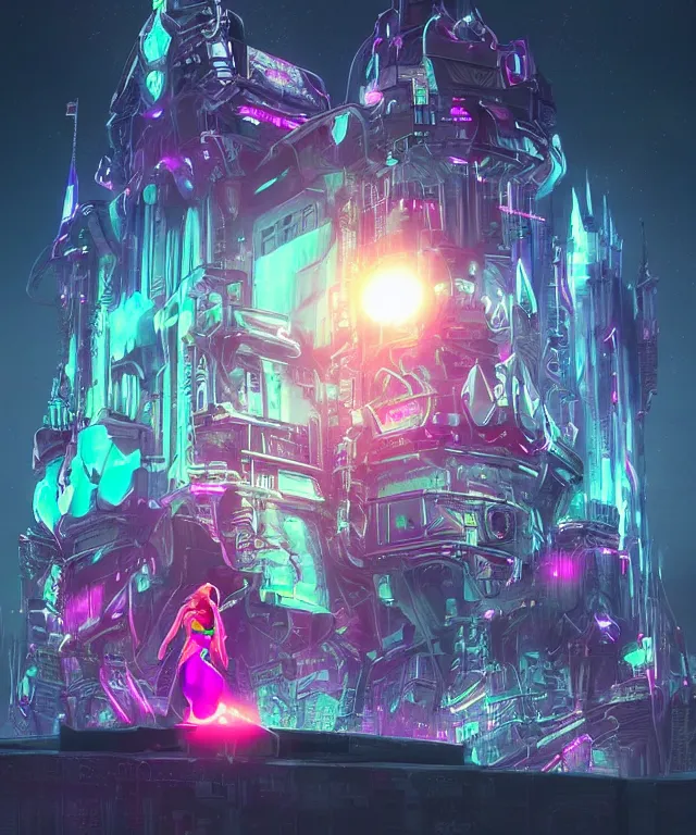 Image similar to majestic cyborg princess, futuristic castle, cyberpunk, neon lights, metal throne