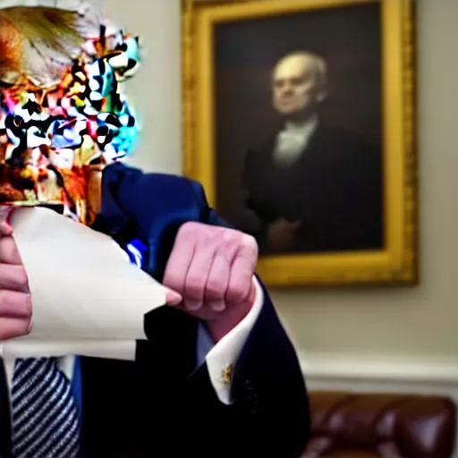 Image similar to candid portrait photo of president trump shoving a wad of paper into his mouth, eating stacks of paper, detailed portrait, 4 k, megapixel, sony a 7 s, f / 8, 2 4 mm lens, ap photo