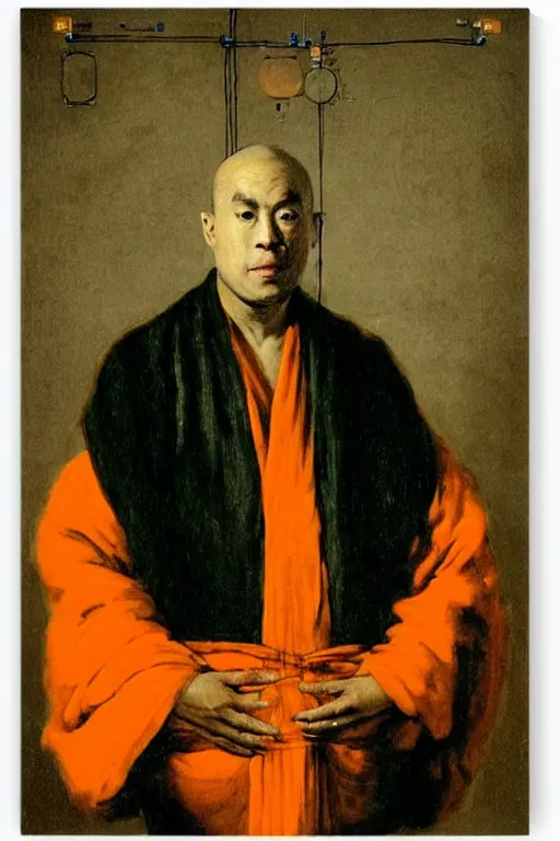 Image similar to portrait of a techno monk in orange robes with wires and circuit boards coming out of his face by francisco goya