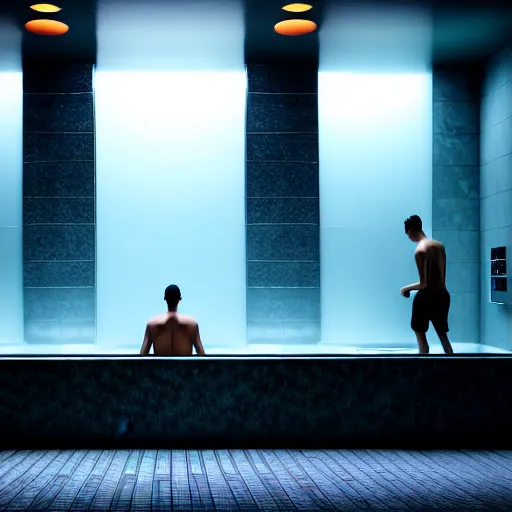 Prompt: two guys in the steam room. super realistic 8 k render of a elegant, cinematic composition