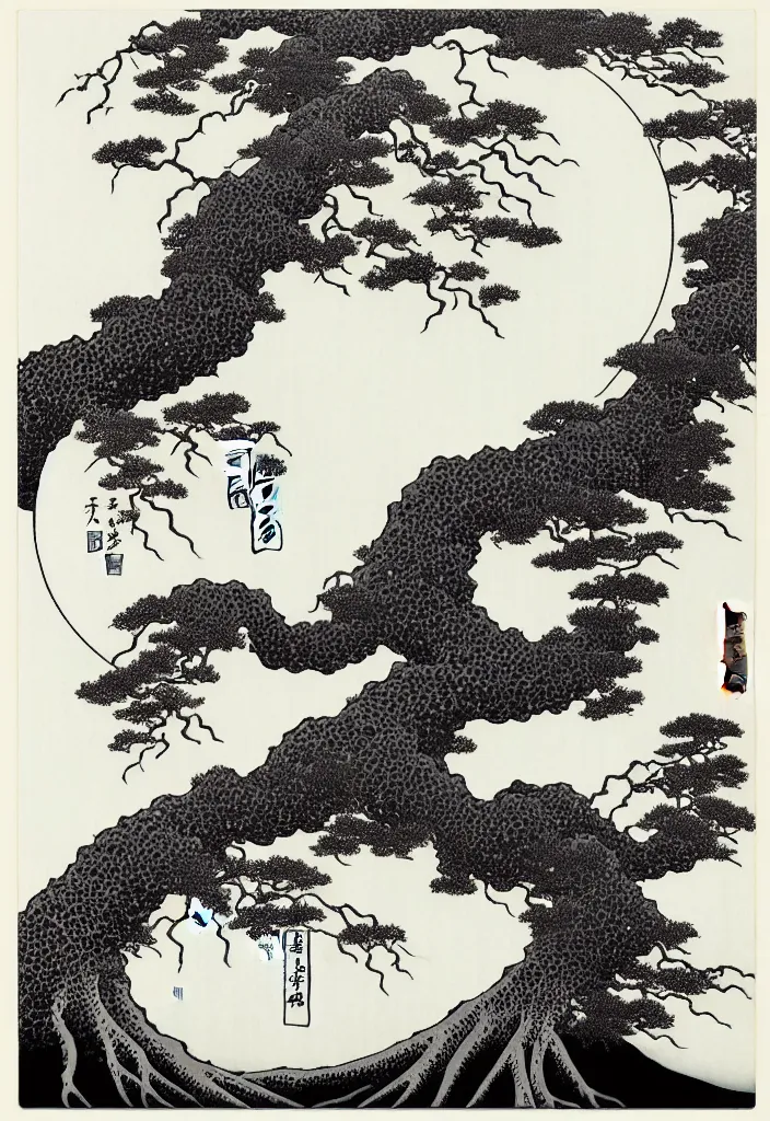 Image similar to prompt: white Bonsai tree roots merging into big moon drawn by Hokusai and Salvador Dali, Japanese woodblock print style, white moon and black background, clean ink detailed line drawing, intricate detail, manga 1990