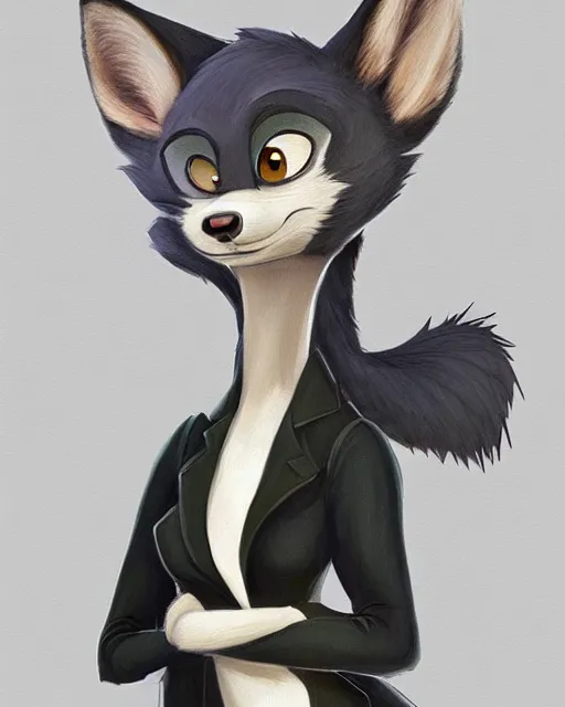 Image similar to full body oil painting of anthromorphic furry female wolf, in style of zootopia, female fursona, furry, furaffinity, 4 k, deviantart, furry art, fursona art, wearing black business suit, wearing black business suit, wolf fursona, female, very expressive detailed feminine face,