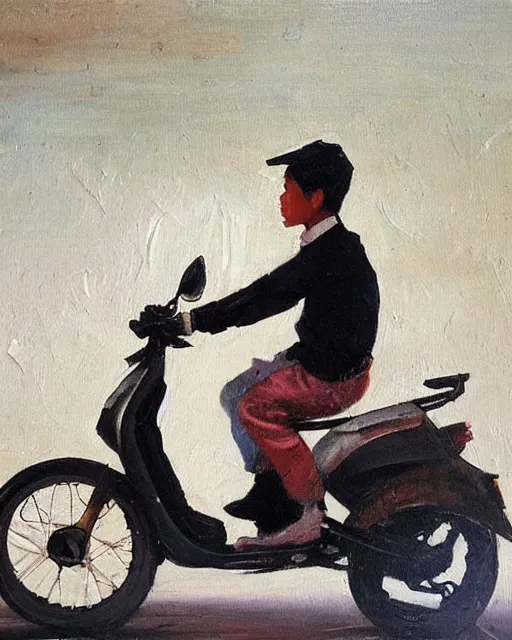 Image similar to asian school boy riding moped, aged oil painting by le pho