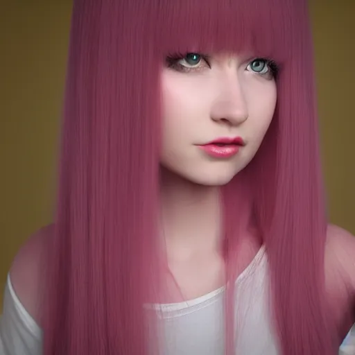 Prompt: A 3d cgi toon young woman with long pink hair, full bangs, amber eyes, pale skin, Chinese, medium shot, mid-shot, soft focus