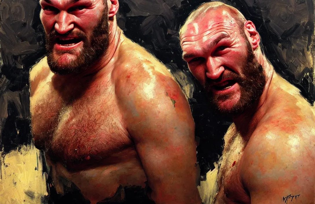 Image similar to portrait of tyson fury!!!!!!!!!!!!!!!!!!!!!!!!!!!, detailed face, detailed painting,, epic lighting, by ilya repin, phil hale and kent williams