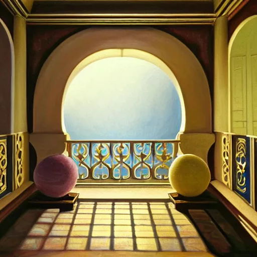 Prompt: still life painting of a room with a balcony. in the center lays an ancient holy artifact, shaped like torus ring, chromed and ornate with gentle iridescent shine from within. the ring lays on top of a pedestal. perspective from the side. realistic light and shadows. moody fantasy art, still life renaissance pastel painting.