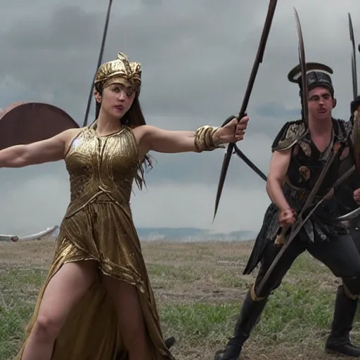 Image similar to the greek goddess athena in battle, scene from live action movie