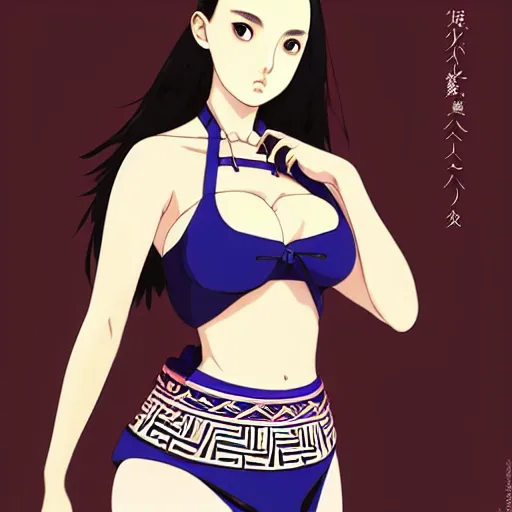 Image similar to a beautiful plus sized model japanese natalie portman, alluring plus sized model, wearing mayan leotard with elegant mayan apron, street fashion hip hop style with mayan patterns, aztec street fashion, gapmoe yandere grimdark, trending on pixiv fanbox, painted by greg rutkowski makoto shinkai takashi takeuchi studio ghibli, akihiko yoshida