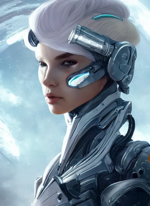 Image similar to photo of a cyborg girl on a space ship, warframe armor, white hair, pretty face, scifi, professionally color graded, interesting angle, sharp focus, 8 k high definition, insanely detailed, intricate, innocent, art by stanley lau and artgerm