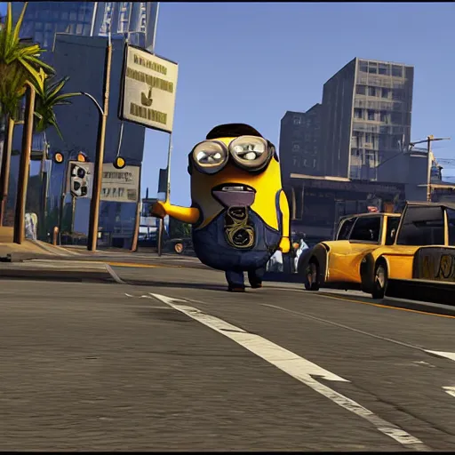 Prompt: screenshot from Grand Theft Auto showing a giant minion attacking the city