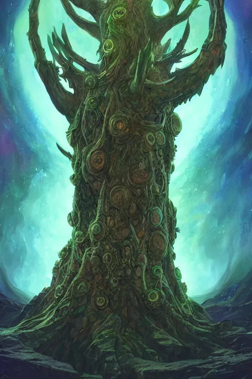 Image similar to yggdrasil as an enormous sentient deity of the stars made of exotic matter resides inside null space, a dnd illustration of an esoteric concept by cgsociety and james gurney, artstation, hdr, rtx, iridescent