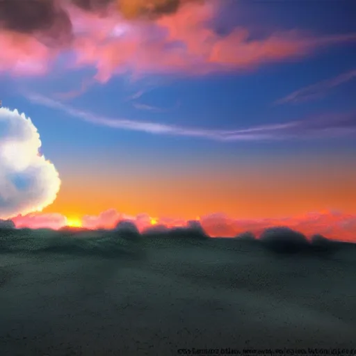 Image similar to peaceful puffy cloud with sunset in the background, matte painting, trending on artstation, artstationHQ, unreal engine, 4k, 8k, anime style