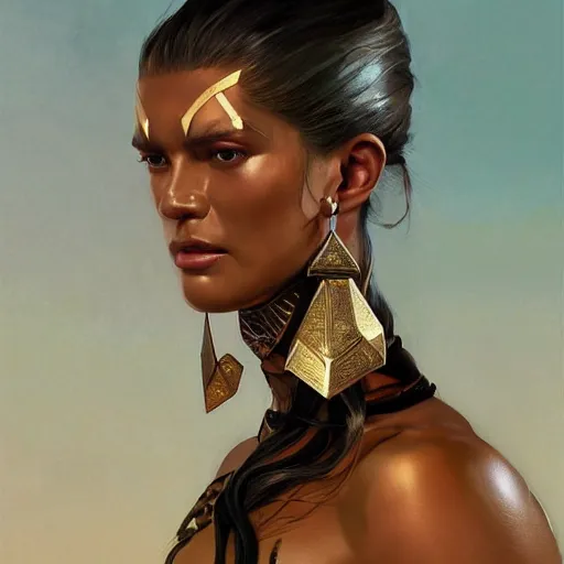 Prompt: detailed oil portrait of tall muscular bronze - skinned warrior woman with shining silver eyes, with long flowing black hair and big gold earrings, jewelry, makeup, feminine, volumetric lighting, dynamic composition, art by sachin teng and sergey kolesov and ruan jia and heng z, scifi, concept art