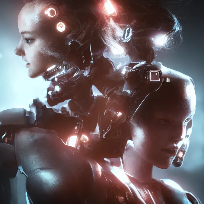 Image similar to hyperrealistic photo of a cyborg girl, volumetric lighting, portrait, epic, cinematic lighting, masterpiece, trending on artstation, very detailed, stunning