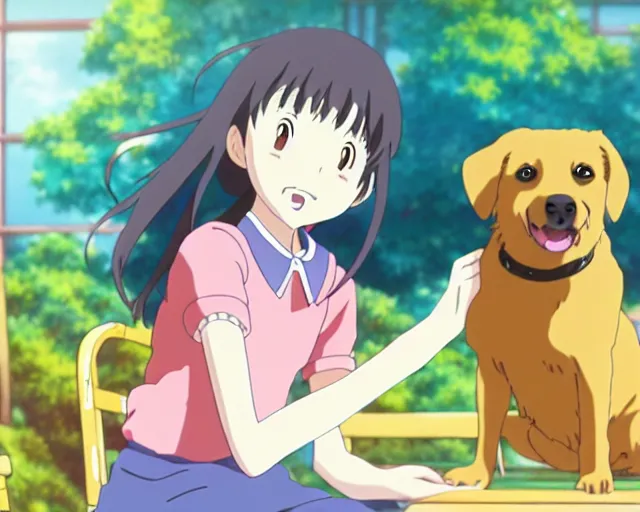 Prompt: anime fine details portrait of joyful girl with her dog in school class, bokeh. anime masterpiece by Studio Ghibli. 8k, sharp high quality anime from 2000 in style of Hayao Miyazaki