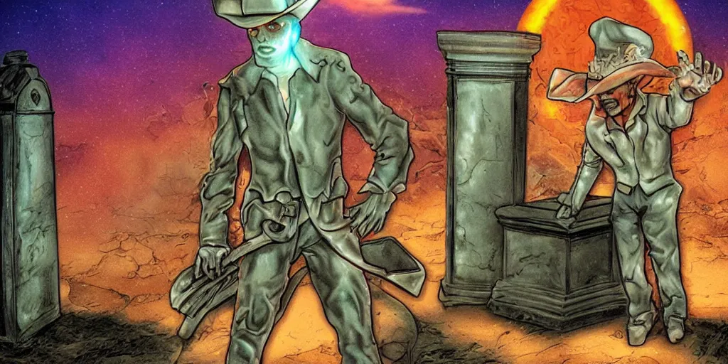 Prompt: holographic ghost cowboy in front of a tomb in the art style of Glenn Fabry