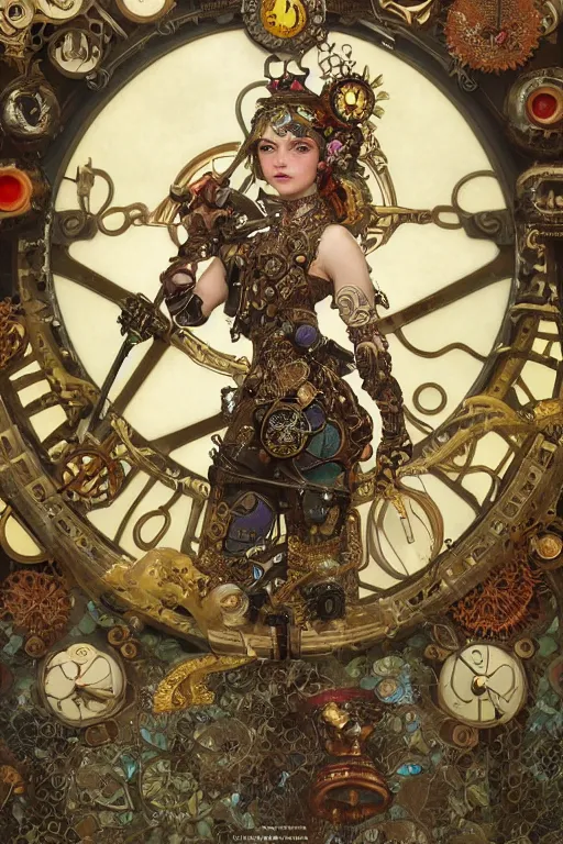 Prompt: beautiful portrait of a steampunk warrior girl wearing a detailed armour of jewels and gold bugs and fantasy beetles , huge mechanical clocks, surrounded by art nouveau mushrooms and vegetation , intricate details, realistic shaded , steampunk, highly detailed, artstation, pretty face, illustration by alphonse mucha and Greg Rutkowski and Ruan Jia, art nouveau, octane render