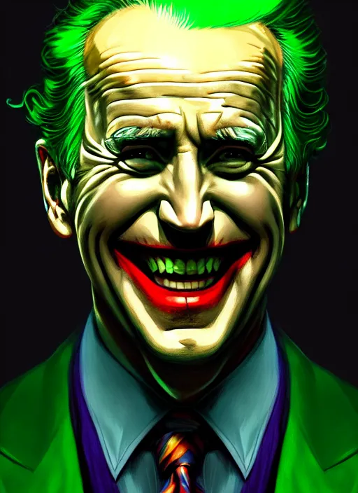 Image similar to portrait of joe biden as the joker, green hair, intricate, elegant, glowing lights, highly detailed, digital painting, artstation, concept art, sharp focus, illustration, art by wlop, mars ravelo and greg rutkowski