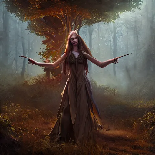 Image similar to cinematic portrait of a, dryad priestess, inspired by brian froud, inspired by dungeons and dragons, in an evening autumn forest, art station, sunset evening lighting, ominous shadows by jessica rossier and greg rutkowski