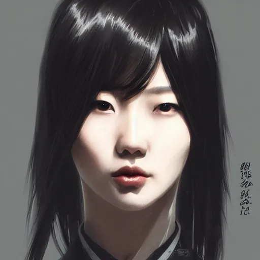 Image similar to portrait of a beautiful korean girl wearing a men's tuxedo, with bangs, very long hair and bangs, angular features, angry expression, dramatic lighting, illustration by Greg rutkowski, yoji shinkawa, 4k, digital art, concept art, trending on artstation