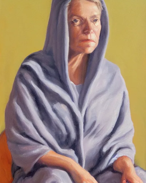 Prompt: an oil painting portrait of a woman wearing a snuggie, seated, soft lighting