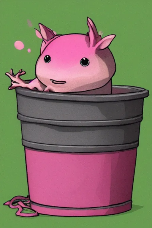 Prompt: pink axolotl in a bucket wearing a hat, cartoon, cute, trending on artstation, digital art, high definition, award-winning art