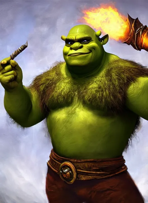 Prompt: dramatic oil painting of shrek as thrall from world of warcraft, artstation, shrek, epic, dramatic,