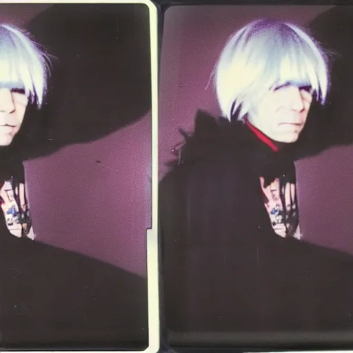 Image similar to Polaroid Portrait of Andy Warhol doing anime cosplay, taken in the 1970s, photo taken on a 1970s polaroid camera, grainy, real life, hyperrealistic, ultra realistic, realistic, highly detailed, epic, HD quality, 8k resolution, body and headshot, film still, front facing, front view, headshot and bodyshot, detailed face, very detailed face