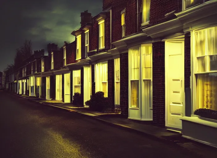Image similar to small suburban houses in London at night inspired by Edward Hopper, Photographic stills, photography, fantasy, moody lighting, dark mood, imagination, cinematic