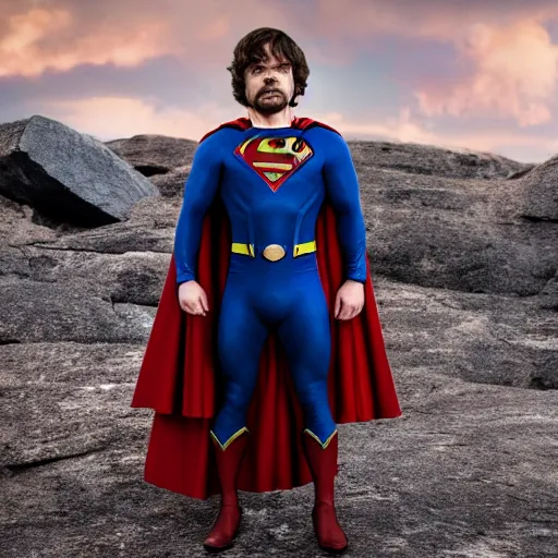 Image similar to stunning awe inspiring peter dinklage as superman, movie still 8 k hdr atmospheric lighting